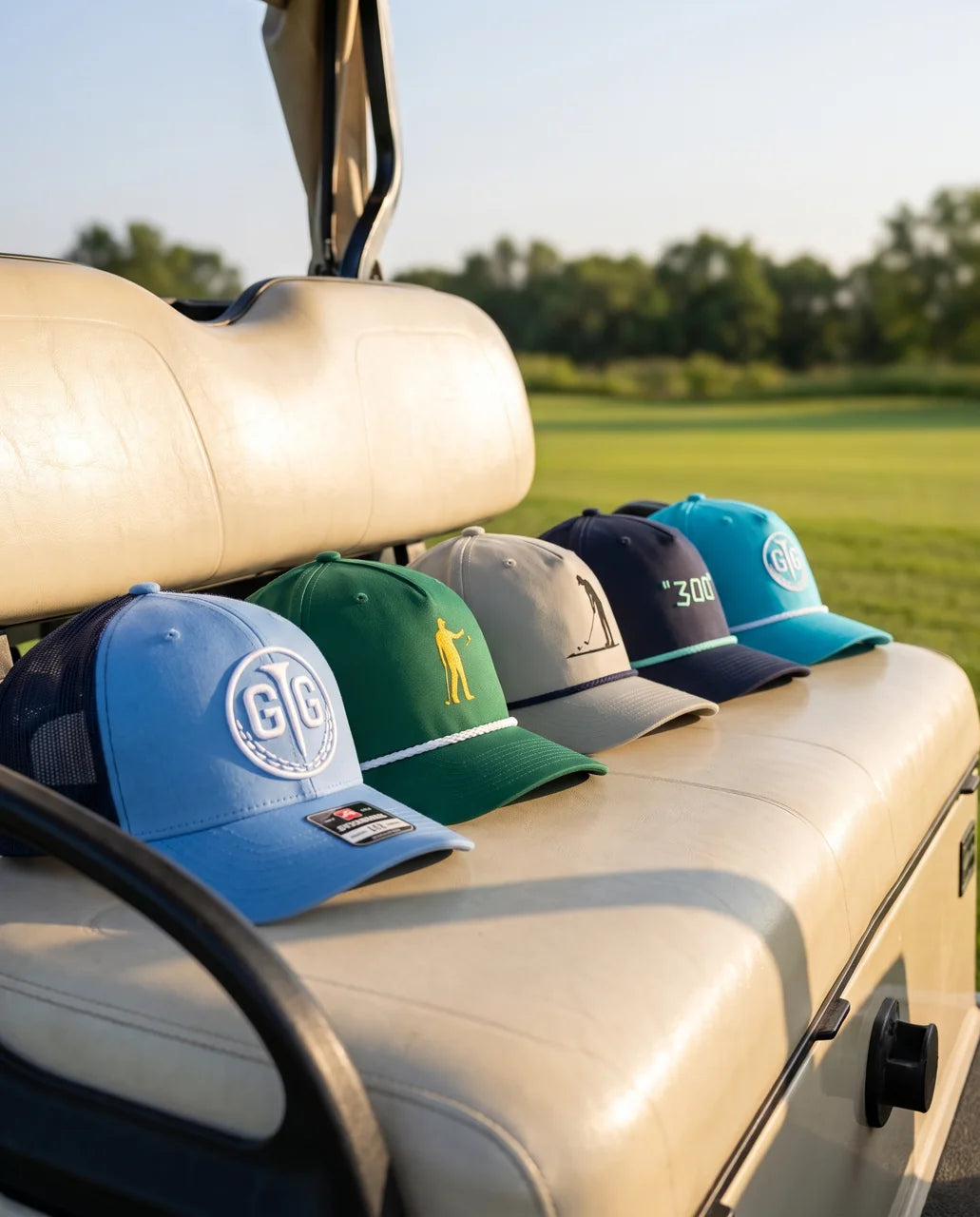 Good Too Golf caps lined up for the next round